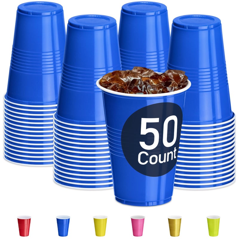 DecorRack 50 Count Blue Party Cups 16 oz BPA Free Plastic Cups Perfect for Birthday Picnic Indoor and Outdoor Event Stackable Reusable Disposable Round Beverage Drinking Cups 50 Pack